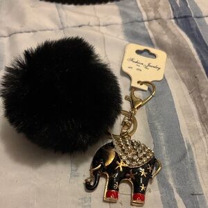 Chic Black and Gold Elephant Keychain with Pom Pom